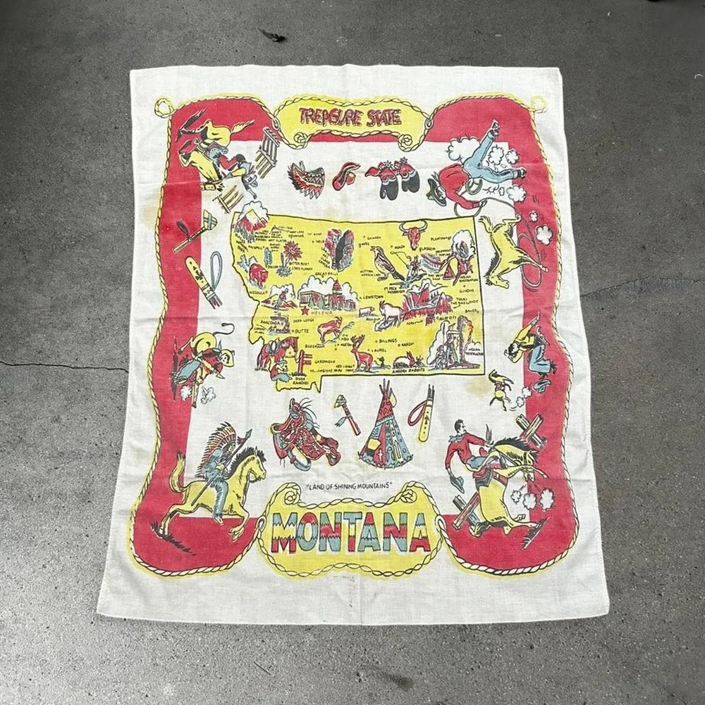 Vintage Montana state map white graphic tapestry artwork towel